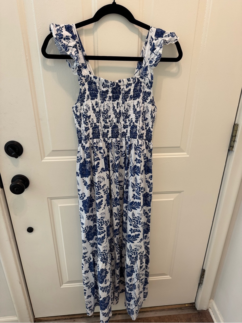 H&M White and Blue Floral Smocked Midi Dress